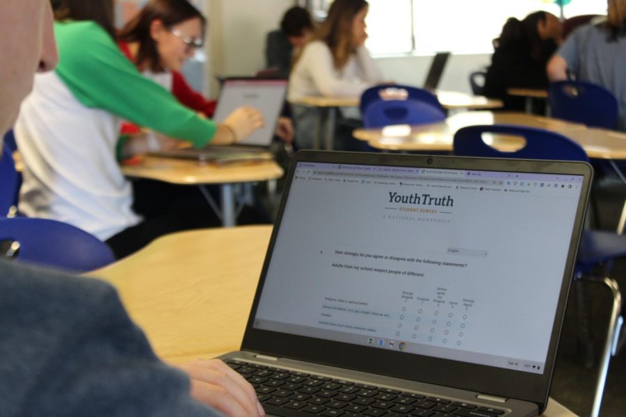 Responding to the YouthTruth survey, Jake Gotlieb progresses through the questionnaire as his classmates focus on completing their own.