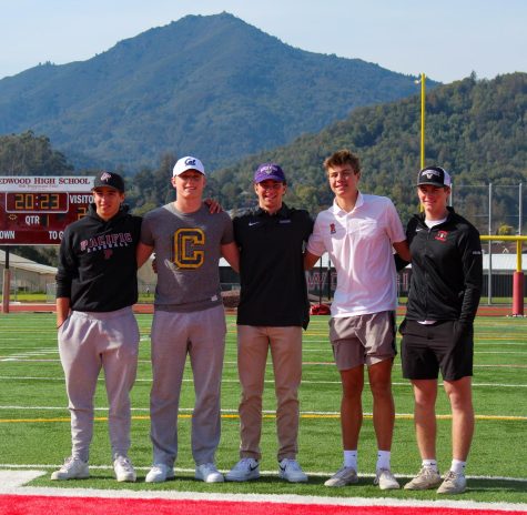 The five signees pose in front of Mt. Tam.