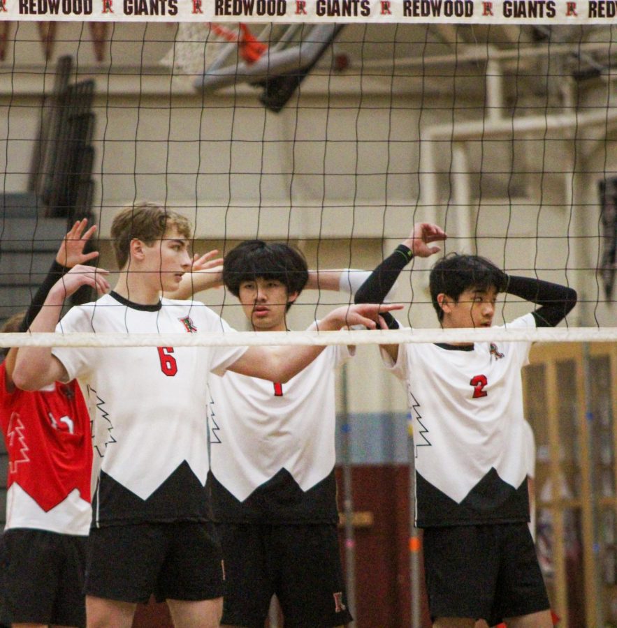Preparing for the point, seniors Brody Guerro and Kyler Wang and freshman Evan Wang line up at the net.