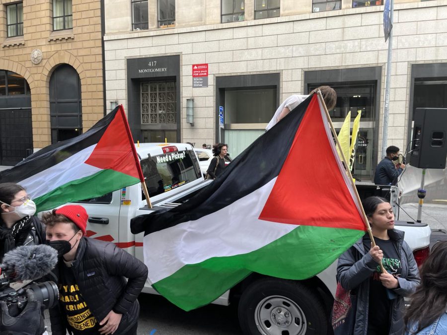 Passionately waving the Palestinian flag, protestors show their support for the people of Palestine. 
