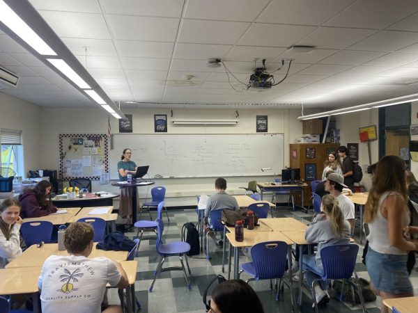 Concentrating on Mrs. Crabtree’s teaching, students learn the fundamentals of calculus. (Photo courtesy of Robert Lapic)