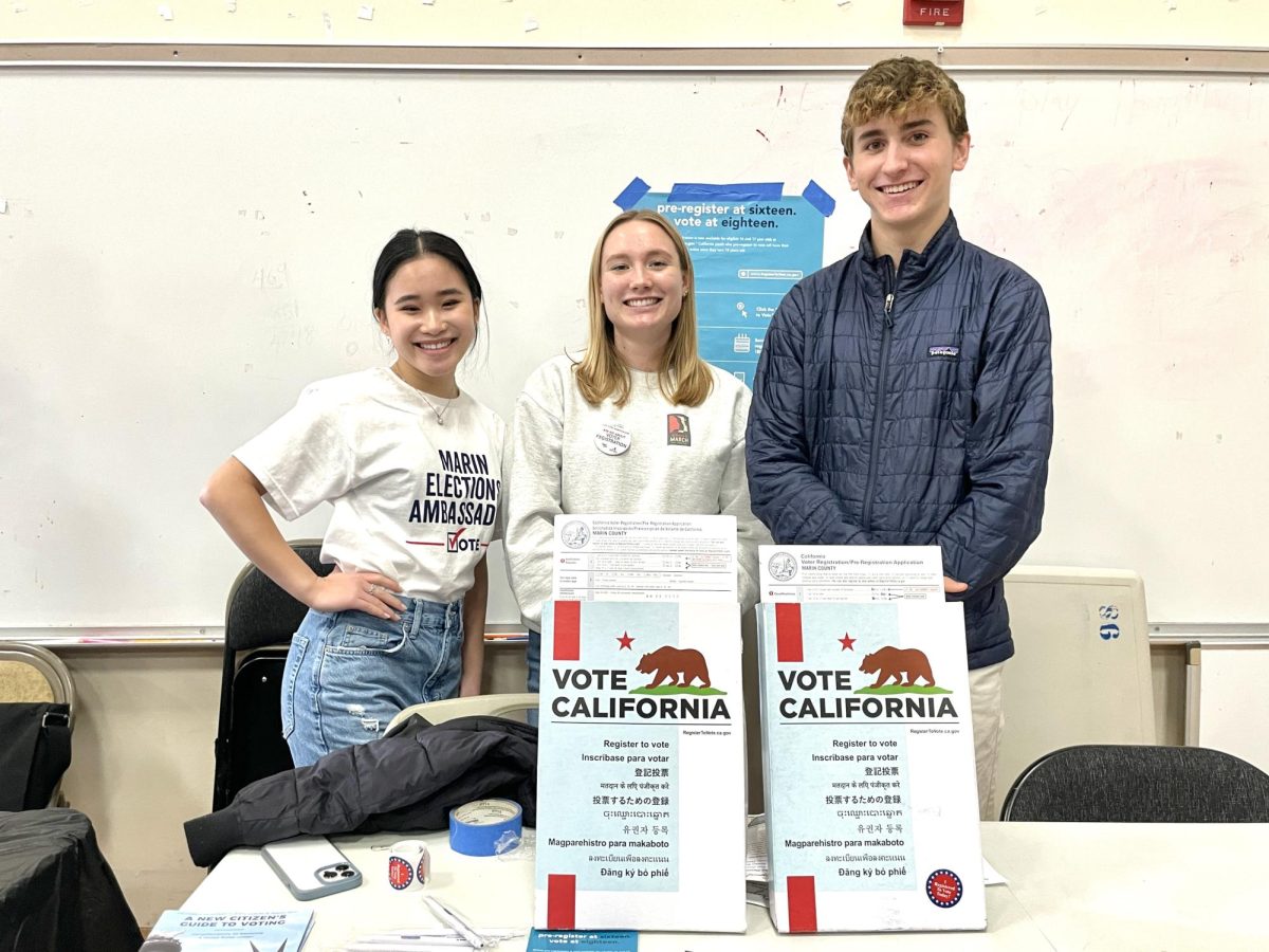 Student elections ambassadors (left to right) Alysha Lee, Ella Clark and Jack Haubold at a 2023 MLK celebration in Marin City for a voter registration drive. (Photo courtesy of Megan Stone)
