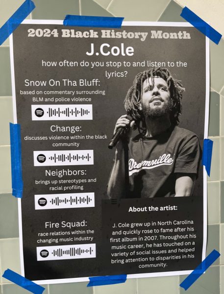 Spotify links to J. Cole songs make it easy for students to engage with a SLAM poster.
