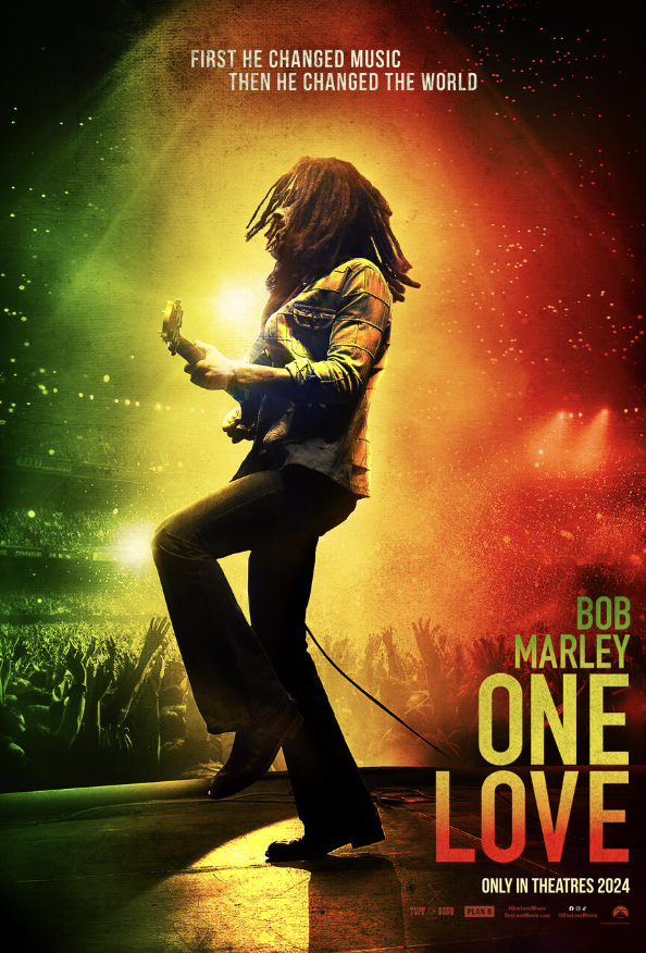 The Bob Marley: One Love poster advertises the new release, in theaters Feb. 14 (Photo courtesy of IMDb)