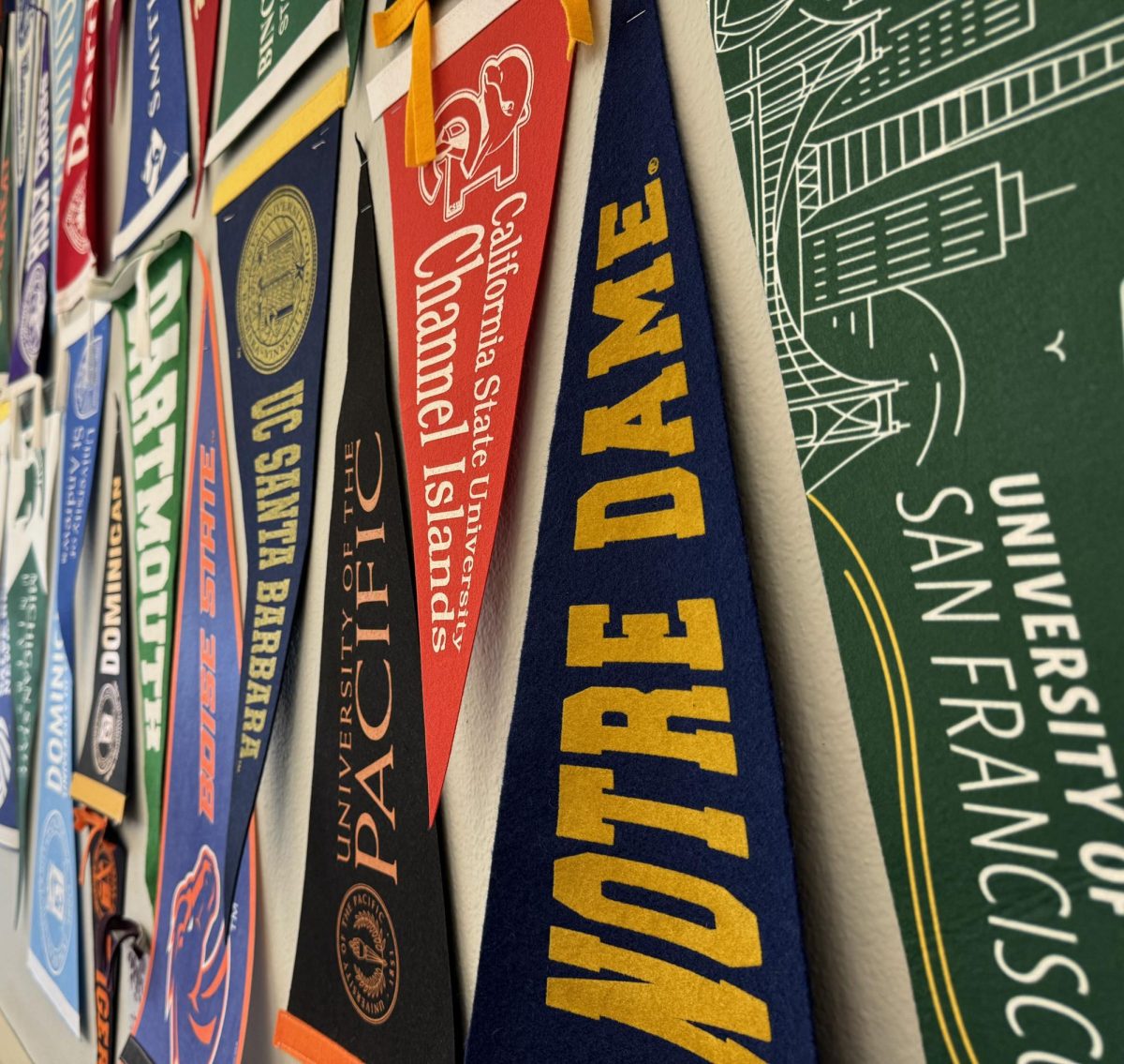 The Pennant Wall in the College and Career Center shows all the various colleges Redwood students vie for. 