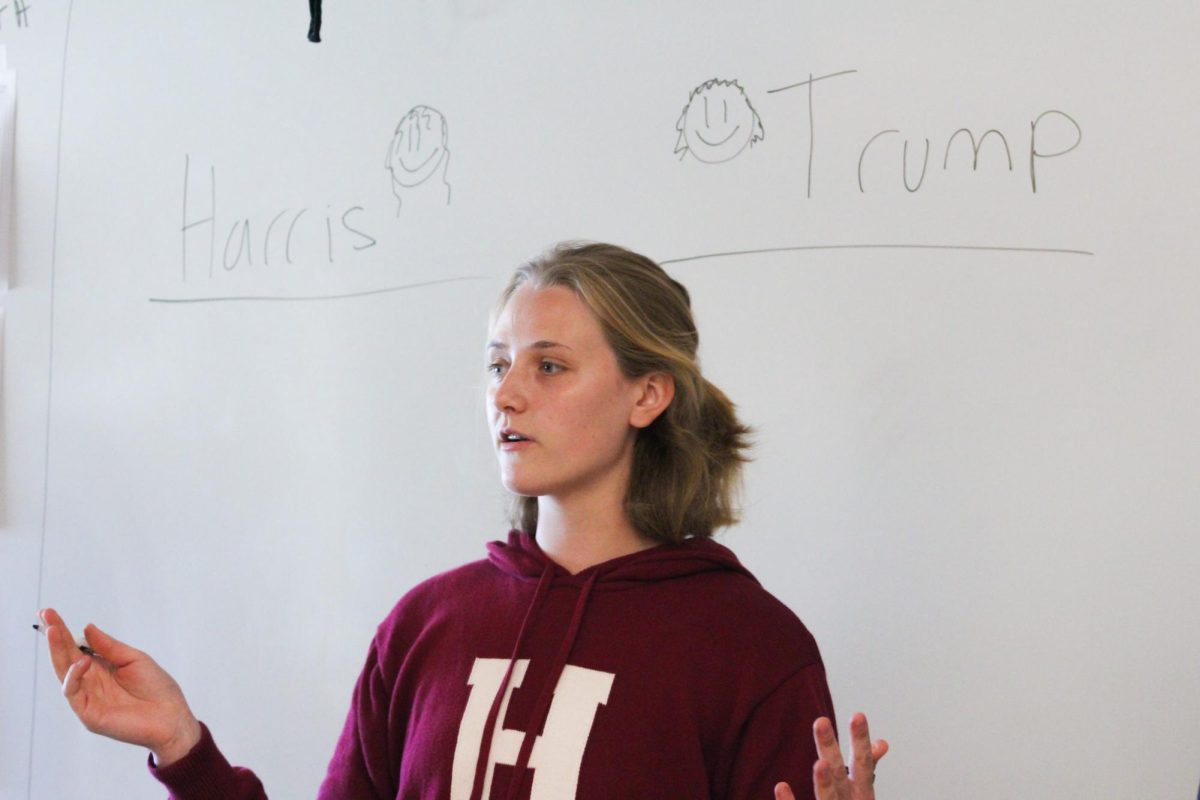 Explaining the activity for the day, Elle Hock prepares to take notes on the class discussion