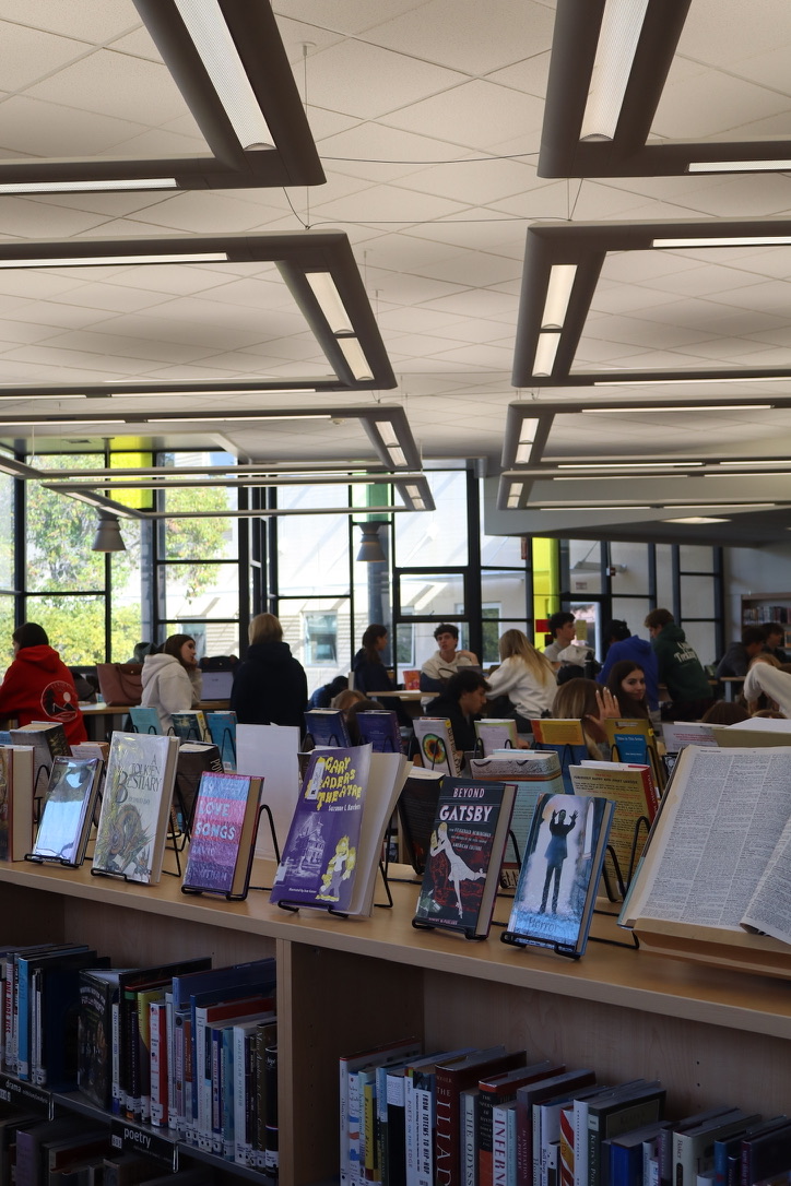 Lined bookshelves surround hardworking students during lunchtime.