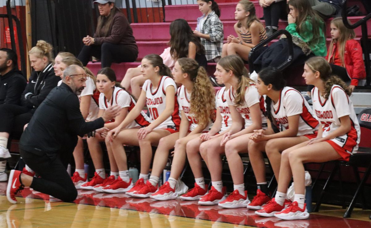 The girls' varsity basketball coach, Zach Borello, informs the team of their game plan.