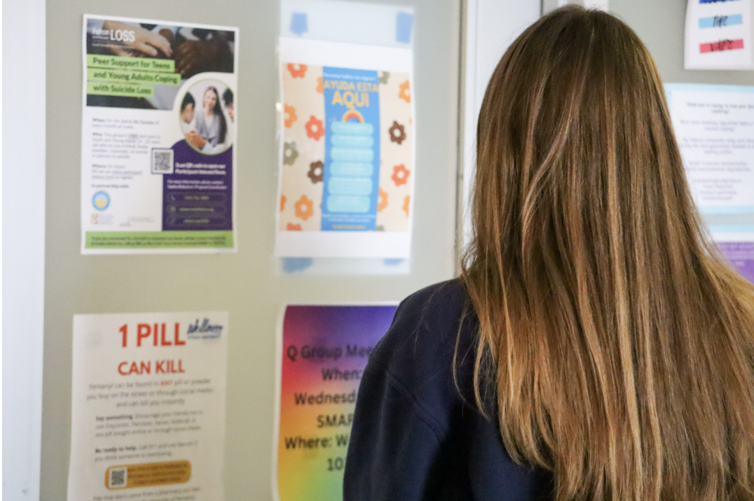 A Redwood student views posters in the Wellness Center that advertise the assistance networks available for all students.