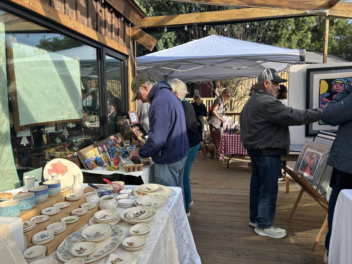 Shoppers look at the outside tables of the fair and purchase certain items that they like.
