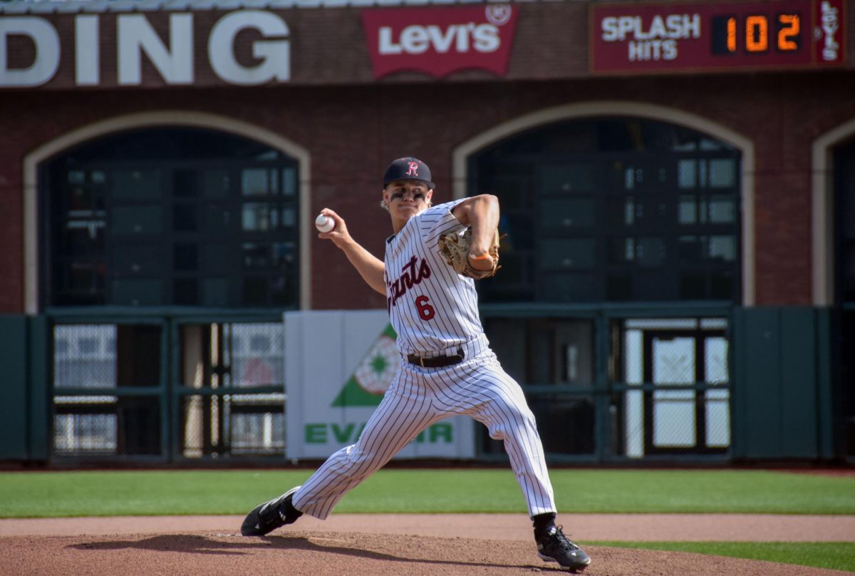 Driving towards home plate, former starting pitcher and 2024 graduate Rex Solle throws a heating four-seam fastball.