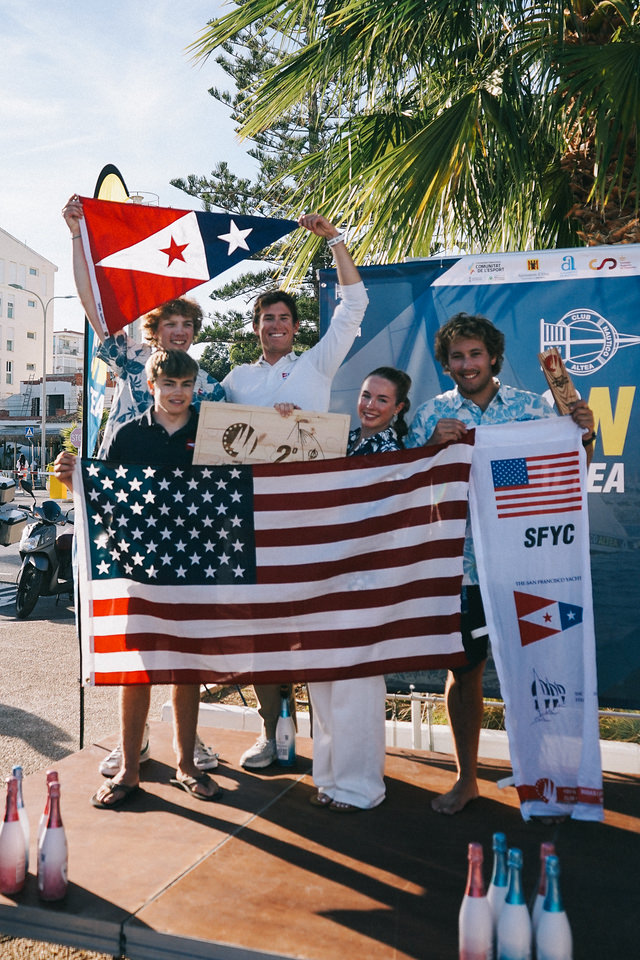 Fresh off a second-place finish, team San Francisco Yacht Club brings big energy to the podium. 
Photo courtesy of Elsie Schroeder
