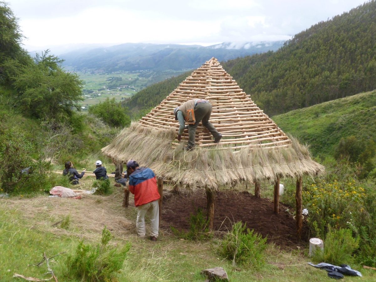Estudiantes ayudan a la comunidad a construir nuevas casas de madera y paja en Perú. 