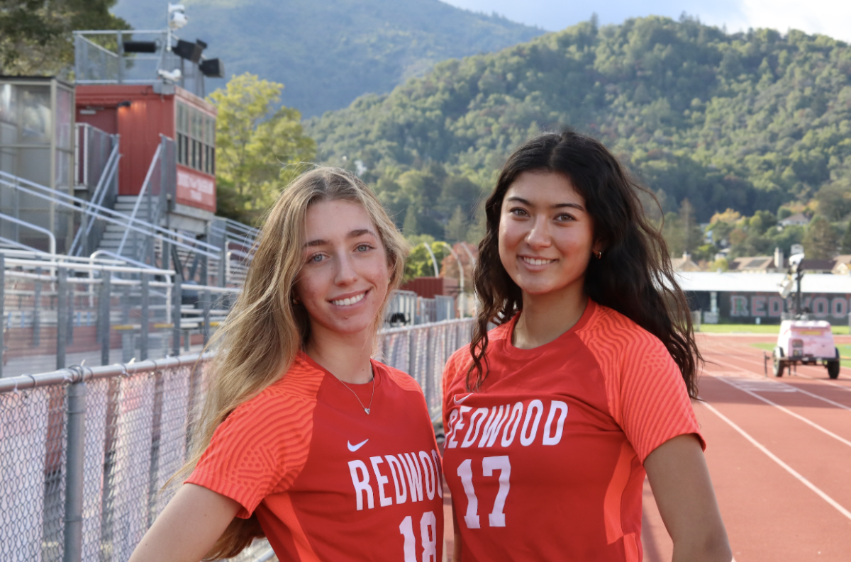 Seniors Holly Thomas (left) and Cora Champommier (right). “I’m most excited about playing our rivalry teams and hopefully getting to play in front of a big crowd for Marin County Athletic League,” said Thomas. 