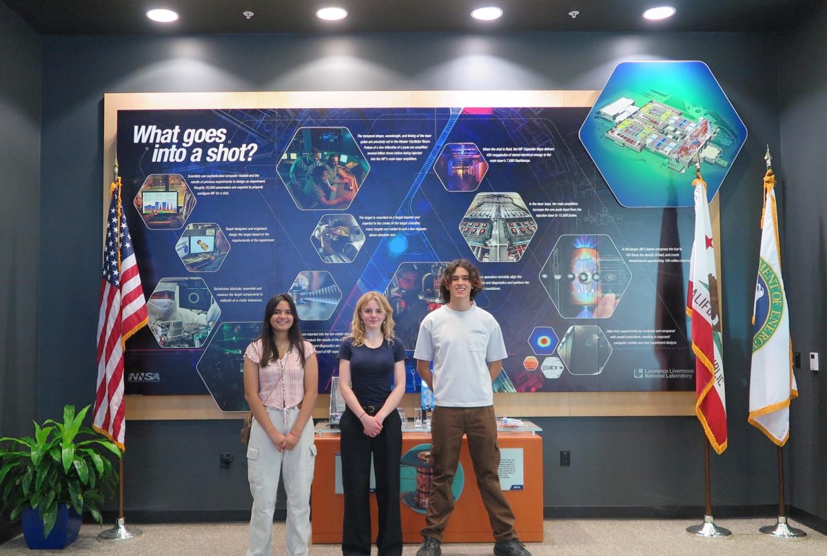 Lillian Merrill (center), Prisha Sinha (left) and Rex Reidel (right) were at the National Ignition Facility at Lawrence Livermore National Laboratory, which is a Department of Energy research laboratory with a focus on nuclear design and engineering. (Photo courtesy of Lillian Merrill) 