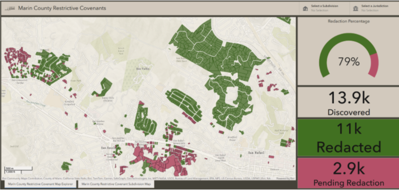 Identified Redlining restrictive covenant map of Marin made by the recorder's office for the Marin restrictive covenant project team (Photo courtesy of Restrictive Covenant Project Website).