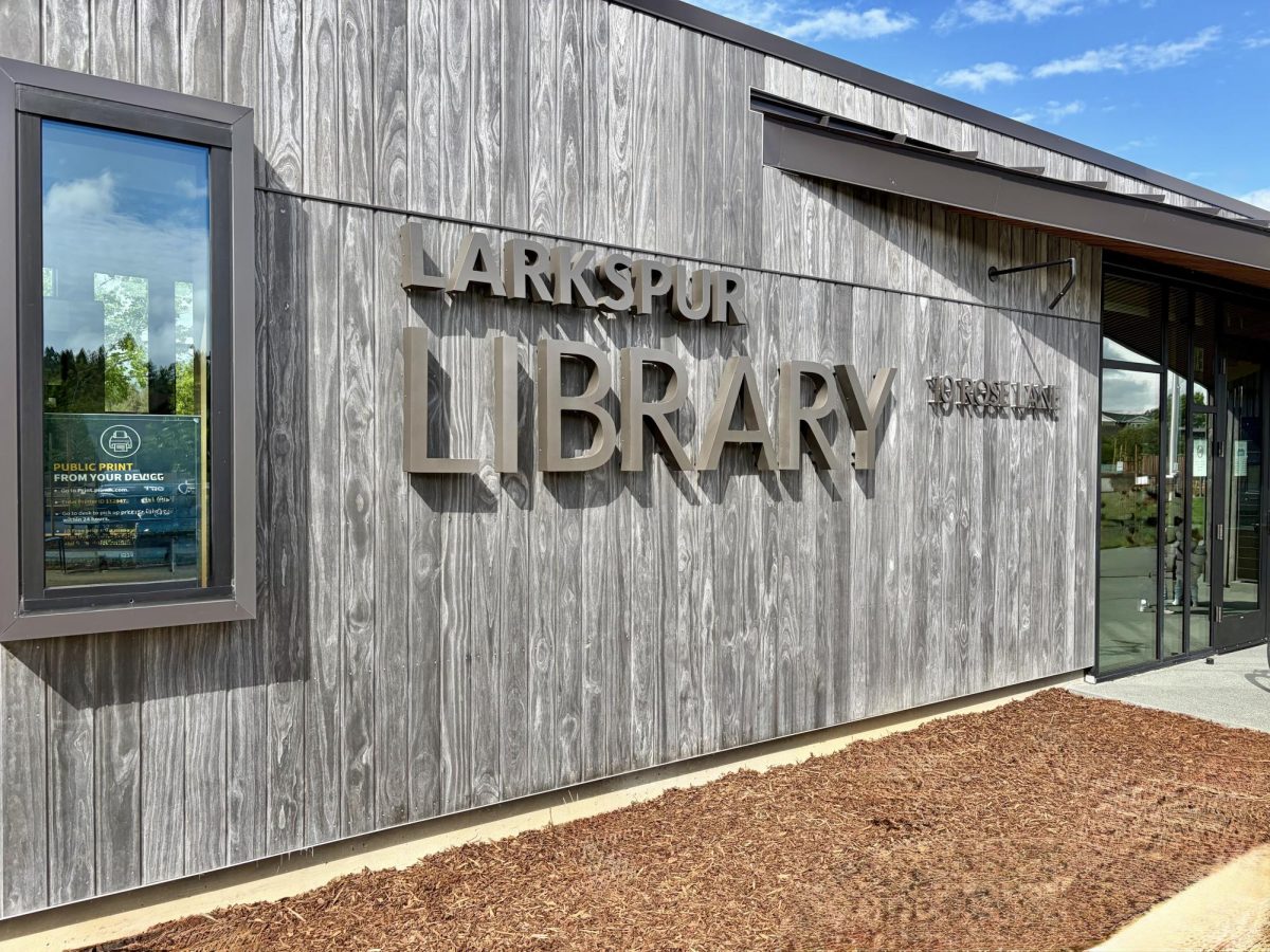 The new Larkspur library welcomes visitors with its modern design and bright signage.