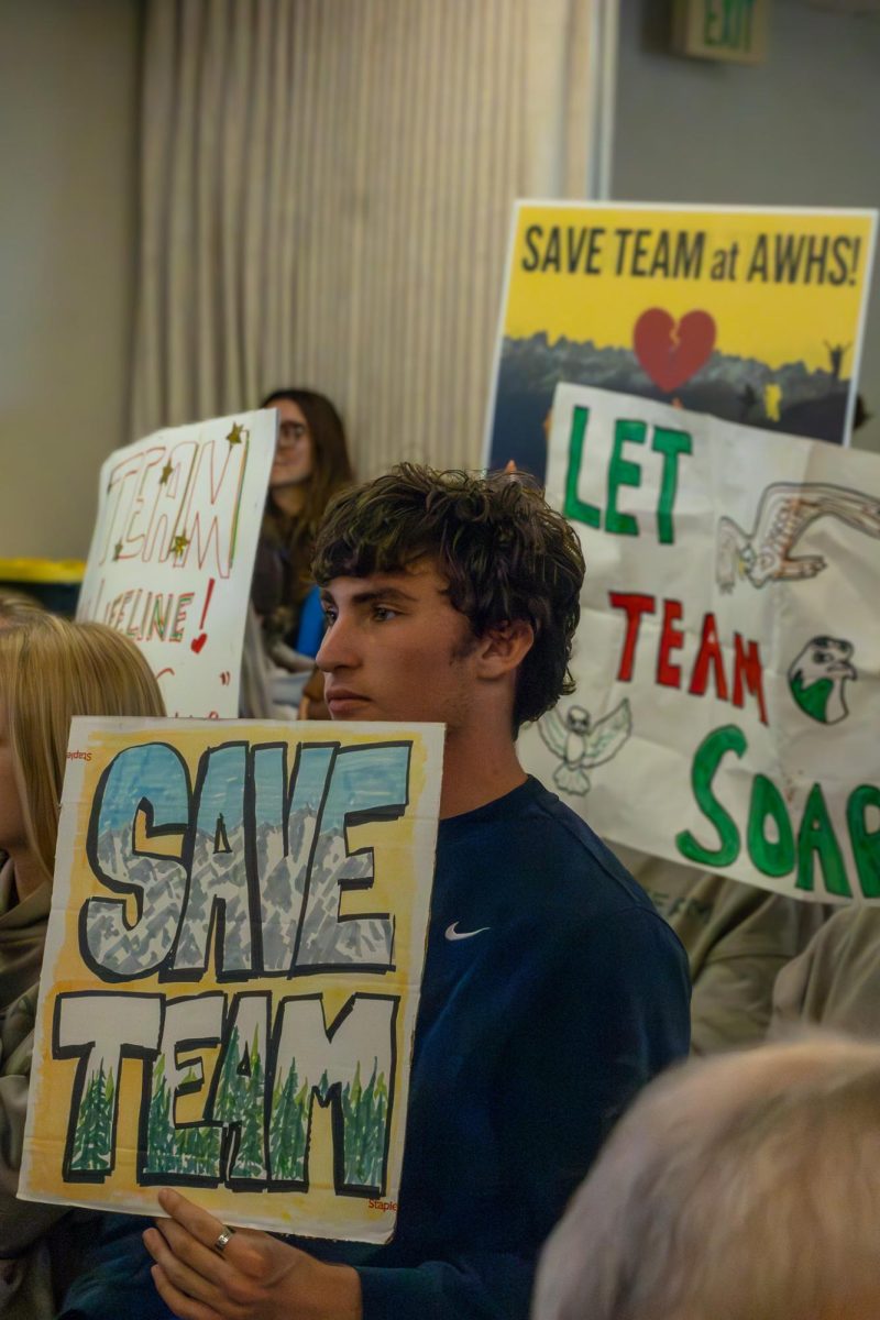 TEAM students held signs at a Tamalpais Union High School District board meeting on April 14th, 2026 in protest of the reduction of the program by Principal Jacob Gran and the Archie Williams High School administration that is set to take place in August 2026.